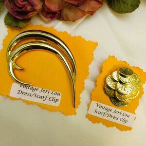Vintage JERI-LOU Gold Dress Clips: 1960s Swirl & Disk Yellow Gold Scarf Clips